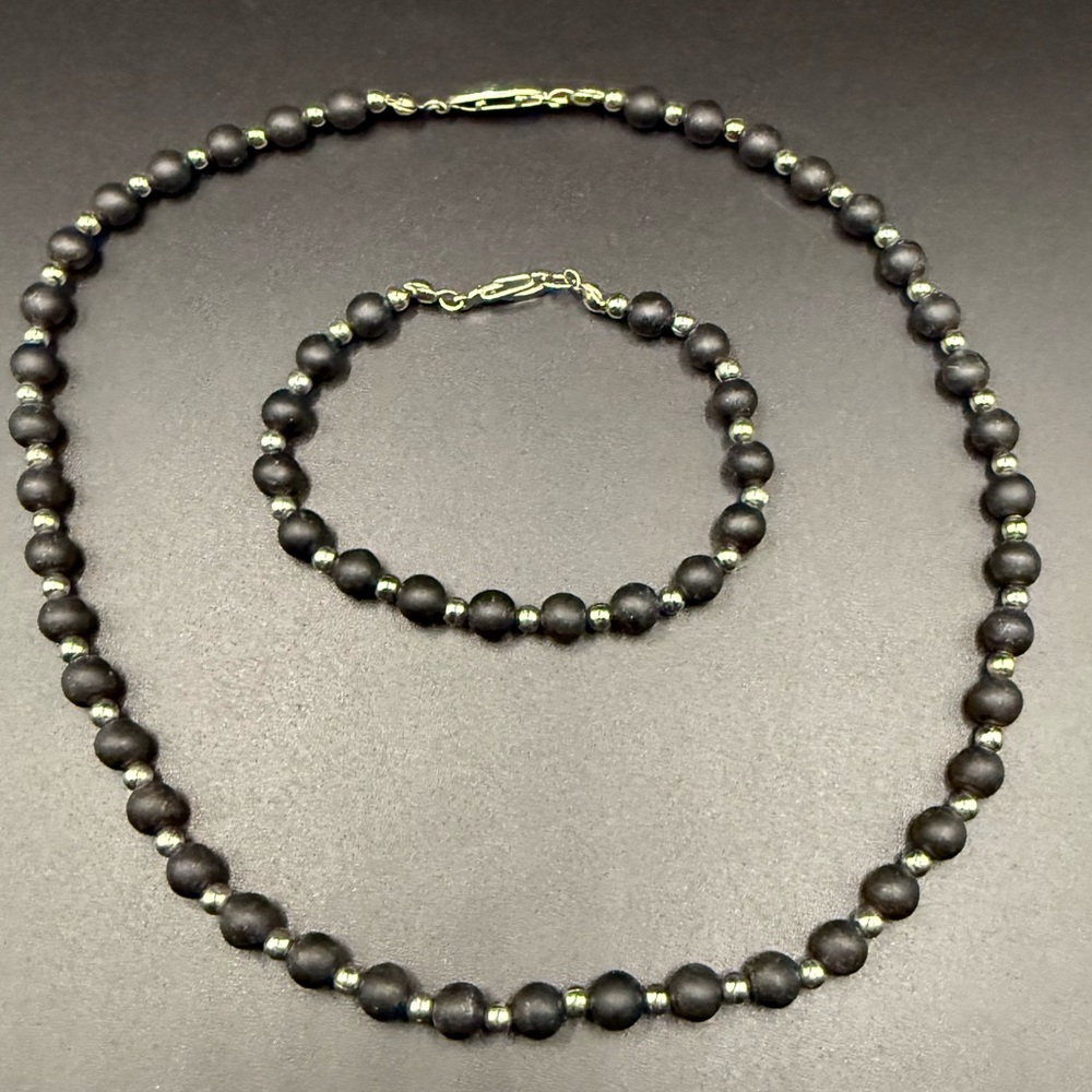 Black and Silver Tone Beaded Choker Style Necklace and Bracelet Set